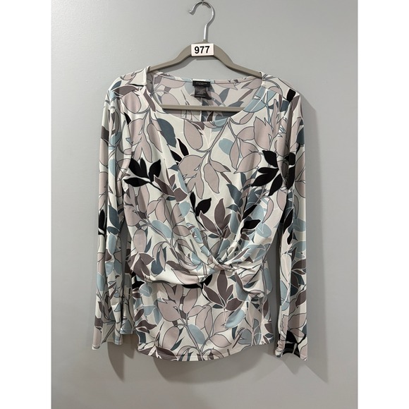 Ann Taylor Factory Tops - Ann Taylor Factory Womens Floral Leaf Twist Front Long Sleeve Top Blue Taupe L